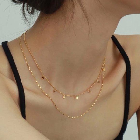 18K Layered Diamond Shaped Tassel & Rope Style Chain Necklace - Picture 1 of 8